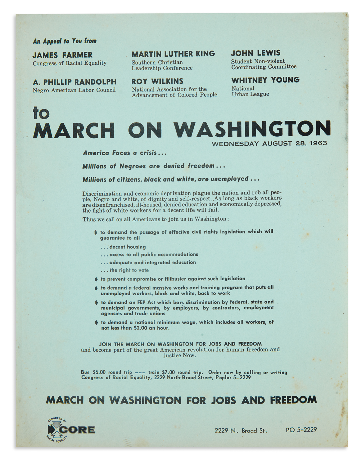 (CIVIL RIGHTS.) An Appeal to You . . . to March on Washington.